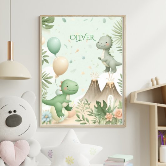 Pastel Watercolor Dino Kids Nursery Art ポスター