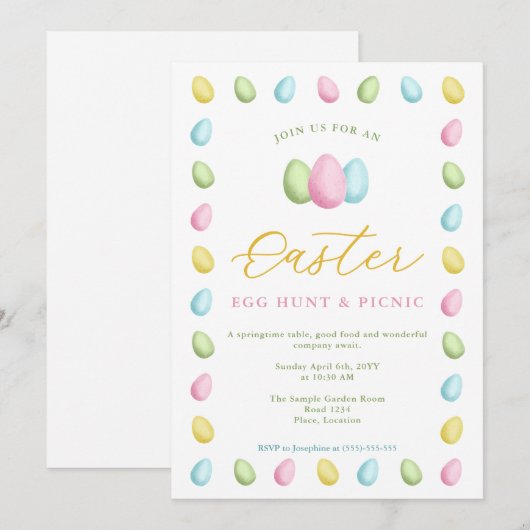 Pastel Watercolor Easter Eggs Easter Picnic 招待状 (正面/裏面)