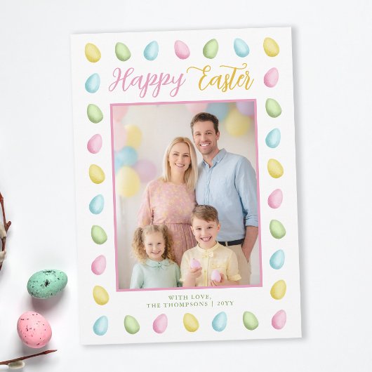 Pastel Watercolor Easter Eggs With Family Photo カード