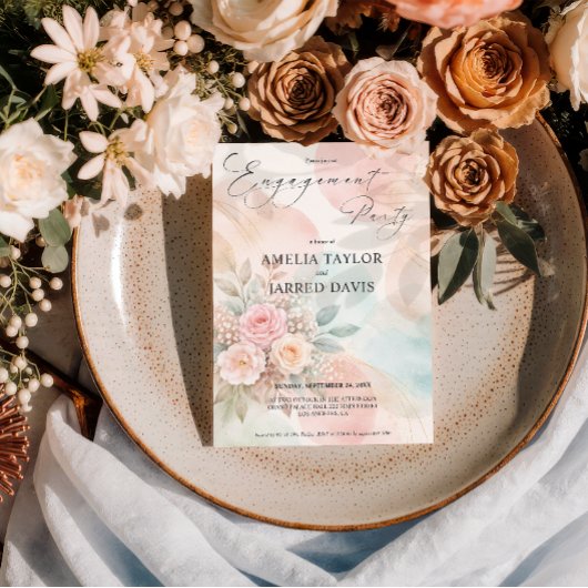 Pastel Watercolor Floral Abstract Shape Engagement 招待状