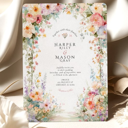 Pastel Watercolor Floral Arch Wedding 招待状