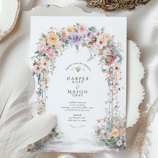 Pastel Watercolor Floral Arch Wedding 招待状