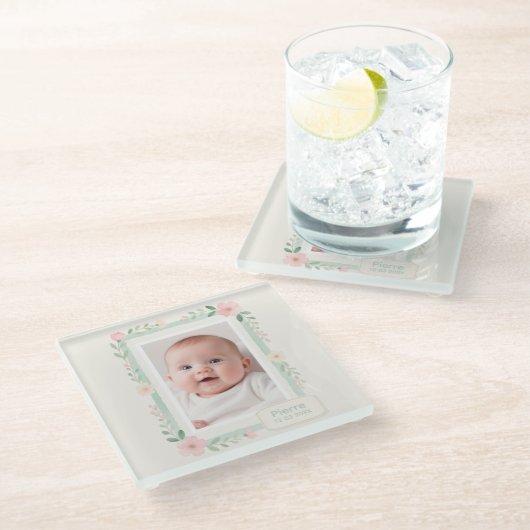Pastel Watercolor Floral Empty Photo Frame ガラスコースター (アングル)
