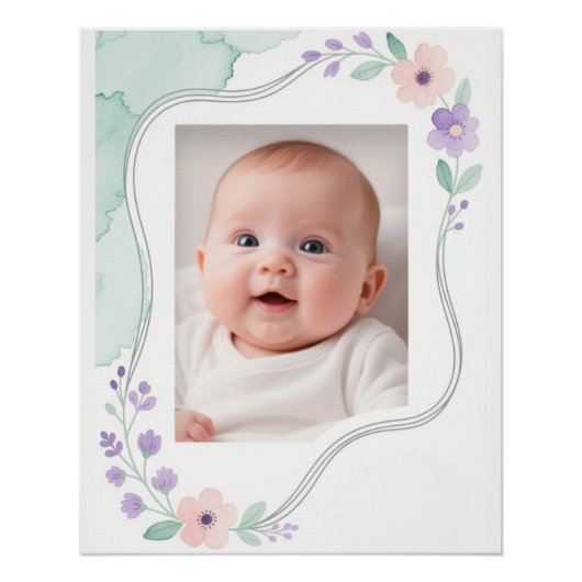 Pastel Watercolor Floral Empty Wavy Frame ポスター (正面)