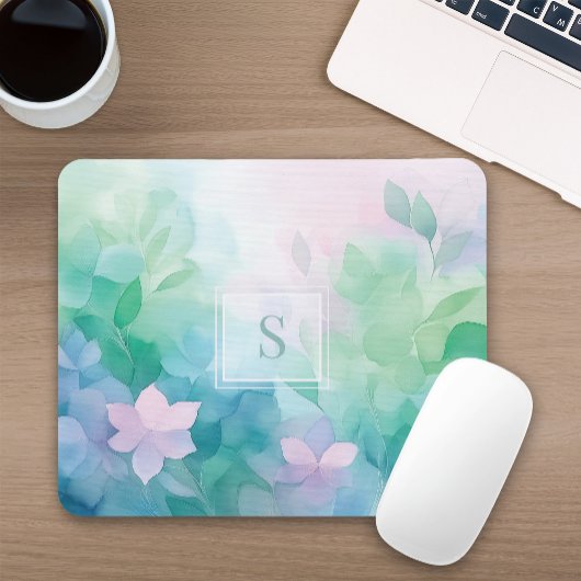 Pastel Watercolor Floral Monogram Mouse Pad マウスパッド