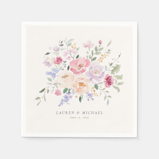 Pastel Watercolor Floral Wedding Napkins スタンダードカクテルナプキン (正面)