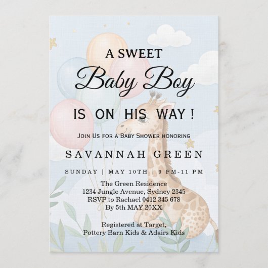 Pastel Watercolor Giraffe Baby Boy Invite 招待状 (正面)