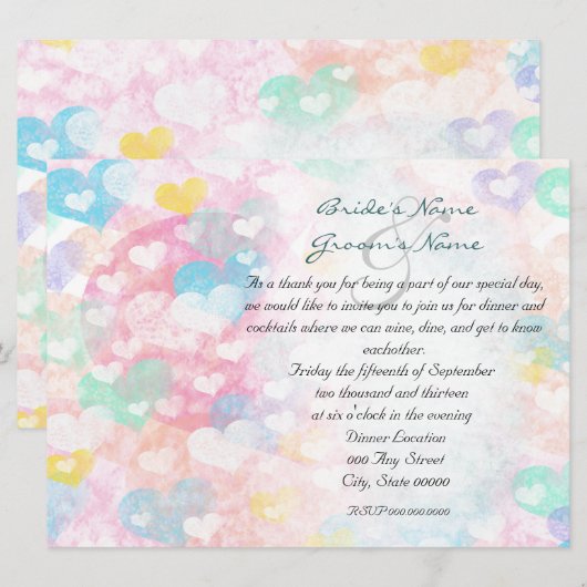 Pastel Watercolor Hearts Rehearsal Dinner Invites 招待状 (正面/裏面)