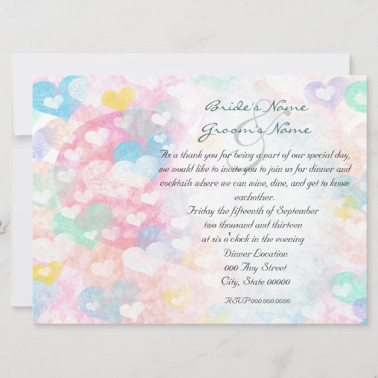 Pastel Watercolor Hearts Rehearsal Dinner Invites 招待状 (正面)