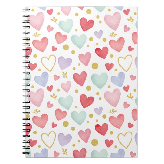 Pastel Watercolor Hearts with Gold Leaf & Glitter  ノートブック (正面)