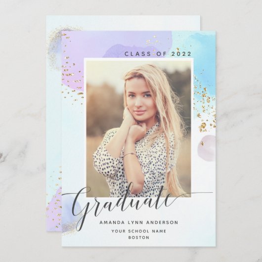 Pastel Watercolor Photo Graduation Announcement 招待状 (正面/裏面)