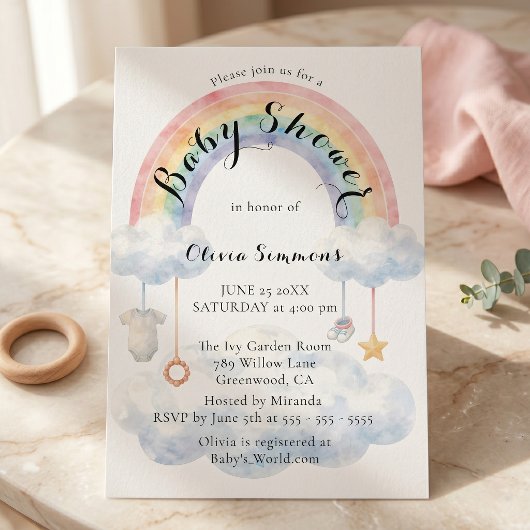 Pastel Watercolor Rainbow Clouds Baby Shower 招待状