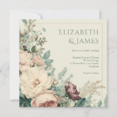 Pastel Watercolor Rose Peonies Floral Wedding 招待状 (正面)