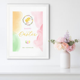 Pastel Watercolor Splashes And Chick Happy Easter ポスター