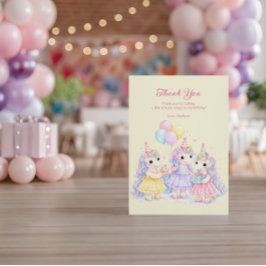 Pastel Watercolor Unicorn Girls Birthday サンキューカード