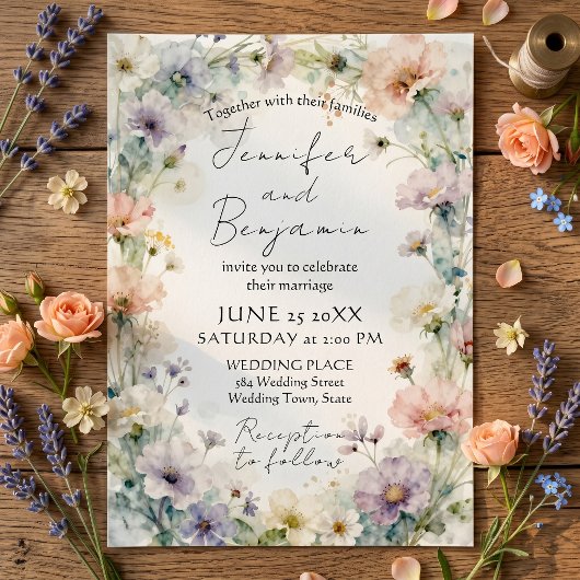 Pastel Watercolor Wildflower Botanical Wedding 招待状