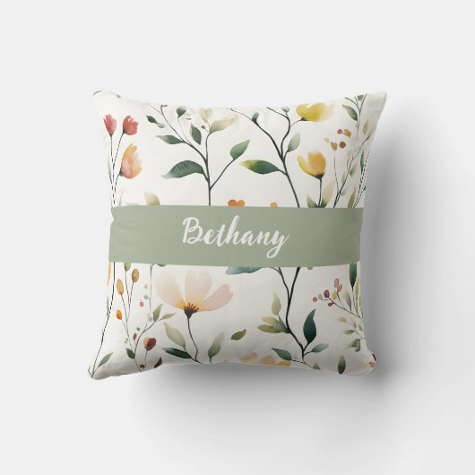 Pastel Watercolor Wildflower Monogram Name クッション (裏面)