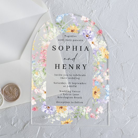 Pastel Watercolor Wildflowers Wedding アクリル招待状