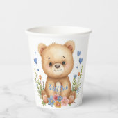 Pastel Watercolor Woodland Bear Blue Hearts Flower 紙コップ (正面)