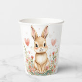 Pastel Watercolor Woodland Bunny Pink Hearts Flowe 紙コップ (裏面)