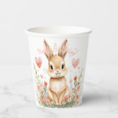 Pastel Watercolor Woodland Bunny Pink Hearts Flowe 紙コップ (正面)