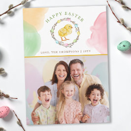 Pastel Watercolor Wreath And Chick Easter Photo カード