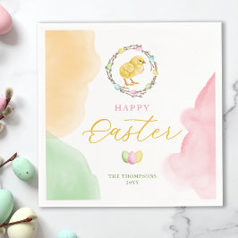 Pastel Watercolor Yellow Baby Chick Happy Easter スタンダードカクテルナプキン