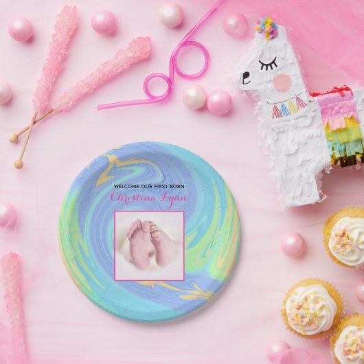 Pastel Welcome First生まれとカスタム写真 ペーパープレート (パーティー)
