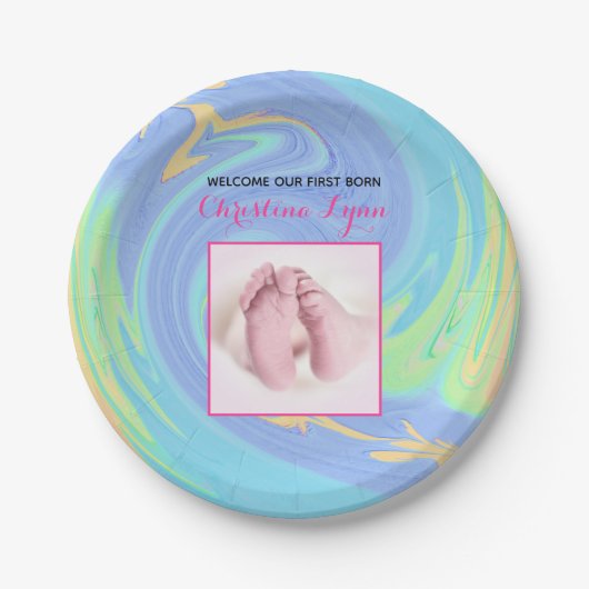 Pastel Welcome First生まれとカスタム写真 ペーパープレート (正面)