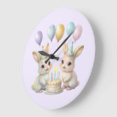 Pastel Whimsical Bunny Twins Birthday wall clock  ラージ壁時計 (傾斜)