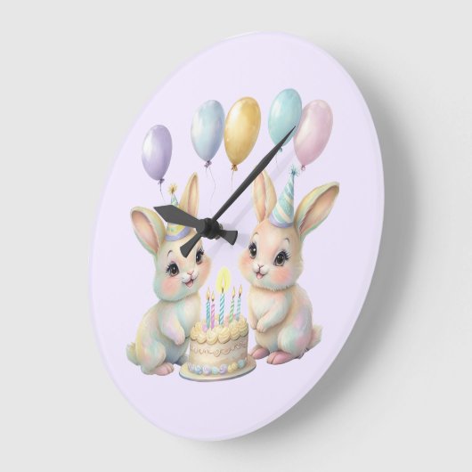 Pastel Whimsical Bunny Twins Birthday wall clock ラージ壁時計 (傾斜)