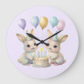 Pastel Whimsical Bunny Twins Birthday wall clock ラージ壁時計 (正面)