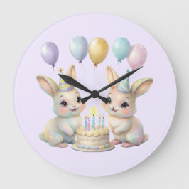 Pastel Whimsical Bunny Twins Birthday wall clock ラージ壁時計