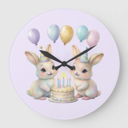 Pastel Whimsical Bunny Twins Birthday wall clock  ラージ壁時計 (正面)