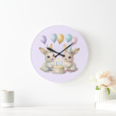 Pastel Whimsical Bunny Twins Birthday wall clock  ラージ壁時計 (ホーム)