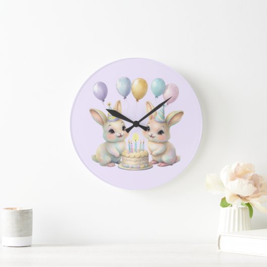 Pastel Whimsical Bunny Twins Birthday wall clock ラージ壁時計 (ホーム)