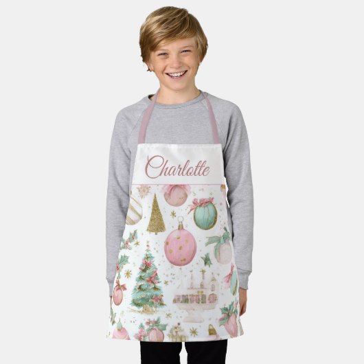 Pastel Whimsical Christmas Kids Apron Custom Name エプロン (着用した状態)