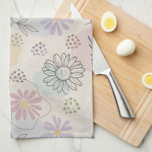Pastel Wildflower Collage – Chic Floral Geometric キッチンタオル (四つ折り)