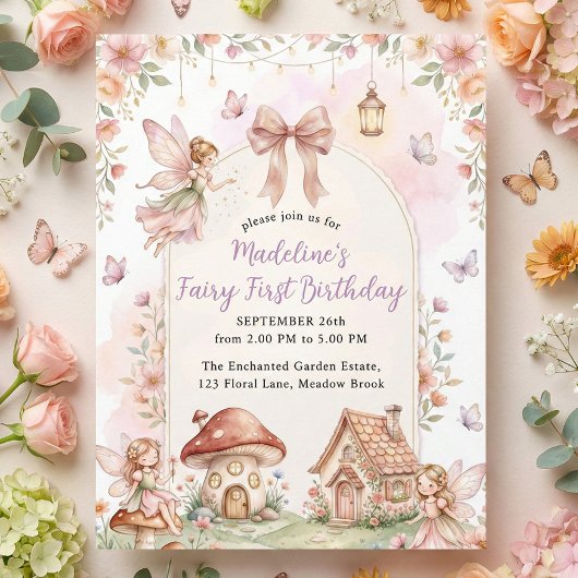 Pastel Wildflower Fairy First 1st Birthday Party 招待状
