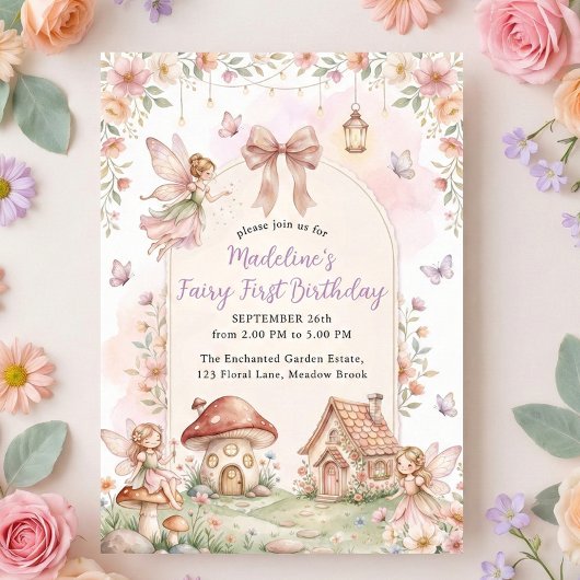 Pastel Wildflower Fairy First 1st Birthday Party 招待状