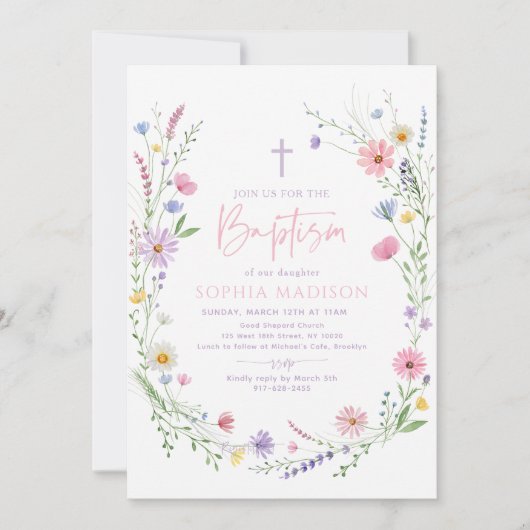 Pastel Wildflower Floral Baptism 招待状 (正面)