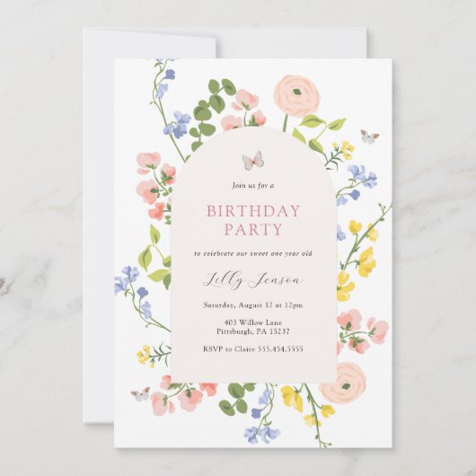 Pastel Wildflower Garden Birthday Invitation 招待状 (正面)