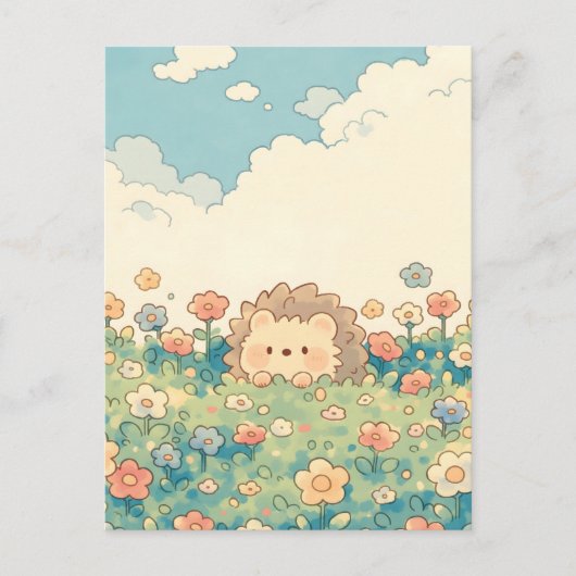Pastel Wildflower Meadow Kawaii Hedgehog ポストカード (正面)