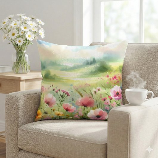 Pastel Wildflower Meadow Landscape クッション