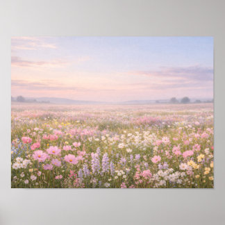 Pastel Wildflower Meadow Pastel Sunset Landscape ポスター