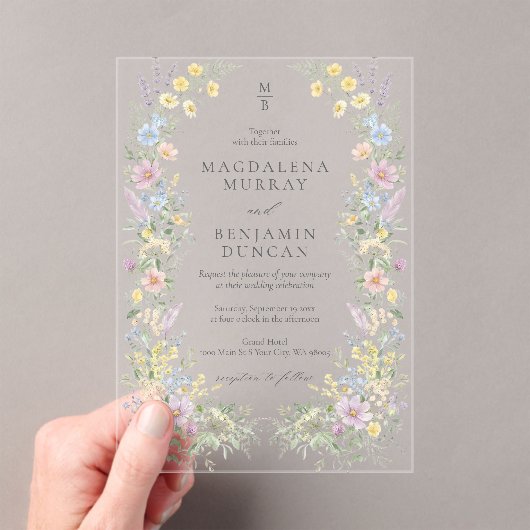 Pastel Wildflower Regency Floral Garden Wedding アクリル招待状 (インサイチュ (ポータブル))
