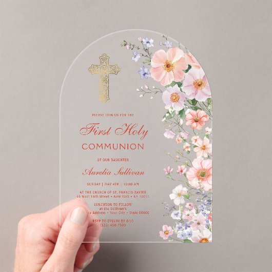 Pastel Wildflowers Arch First Communion アクリル招待状 (インサイチュ (ポータブル))