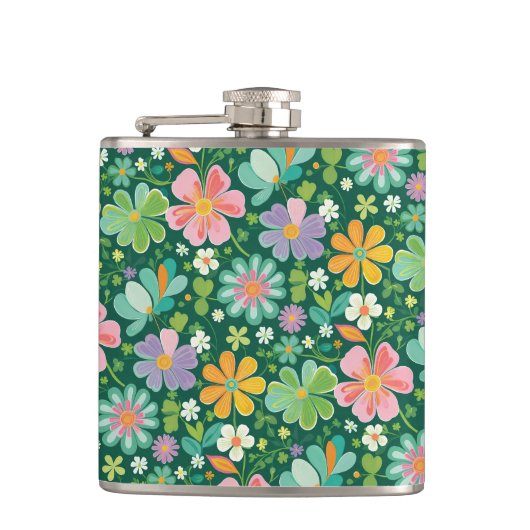 Pastel Wildflowers In Pink Purple Orange And Green フラスク (正面)