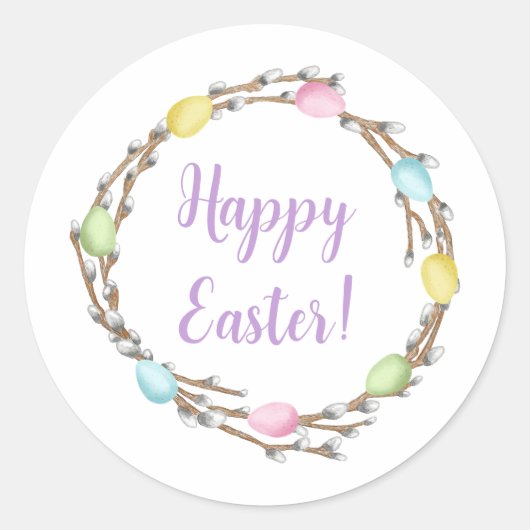 Pastel Willow Wreath Colorful Happy Easter ラウンドシール (正面)