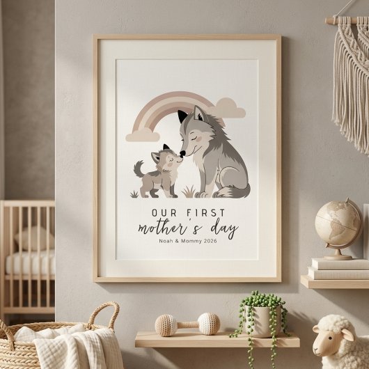 Pastel Wolf Mom Pup First Mother’s Day Nursery  ポスター